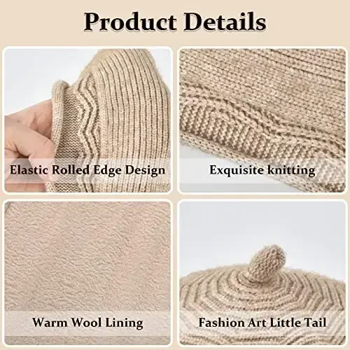 Beret ayollar uchun shlyapa, fransuzcha uslubdagi qishki moda iliq junli astarli trikotaj shapka - 4