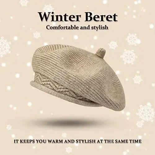Beret Hat for Women, French Style Beanie Winter Fashion Warm Wool Lining Knit Cap - 2