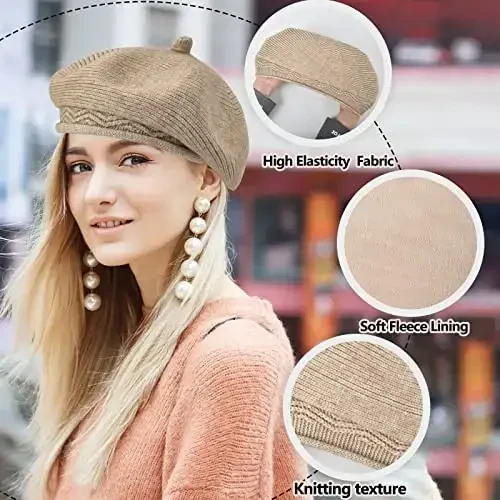 Beret Hat for Women, French Style Beanie Winter Fashion Warm Wool Lining Knit Cap - 5