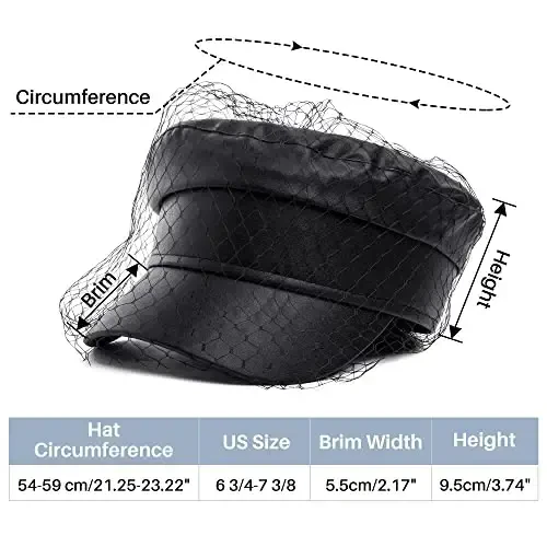 Beret Hats for Women PU Leather Newsboy Fiddler Cap with Veil Casual Baker Boy Captain Hat - SAJUZEN (1)