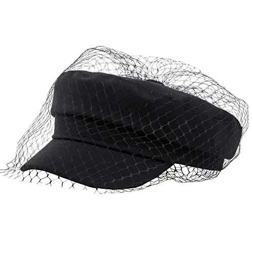 Beret Hats for Women PU Leather Newsboy Fiddler Cap with Veil Casual Baker Boy Captain Hat - 1
