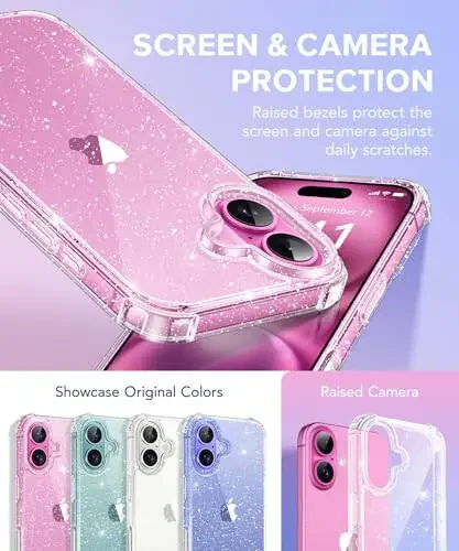BERFY Compatible with iPhone 16 Case Glitter, [3 in 1] with Screen Protector + Camera Lens Protector, [Non-Yellowing] Clear Sparkle Slim Shockproof Hard Phone Cover for Women 6.1