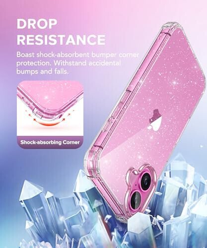 BERFY Compatible with iPhone 16 Case Glitter, [3 in 1] with Screen Protector + Camera Lens Protector, [Non-Yellowing] Clear Sparkle Slim Shockproof Hard Phone Cover for Women 6.1