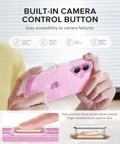 BERFY Compatible with iPhone 16 Case Glitter, [3 in 1] with Screen Protector + Camera Lens Protector, [Non-Yellowing] Clear Sparkle Slim Shockproof Hard Phone Cover for Women 6.1