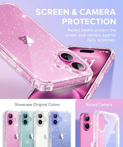 BERFY Compatible with iPhone 16 Case Glitter, [5 in 1] with 2X Screen Protector + 2X Camera Lens Protector, [Non-Yellowing] Clear Sparkle Slim Shockproof Hard Phone Cover for Women 6.1