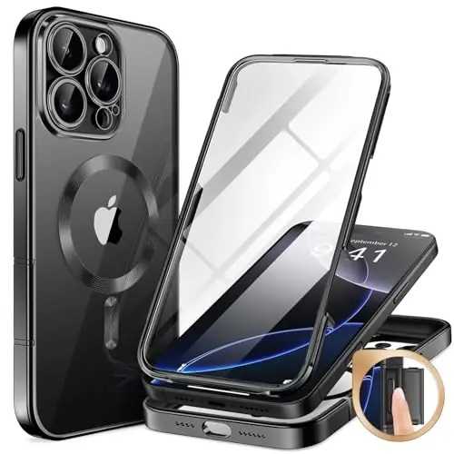 BERFY для чехла iPhone 16 Pro Max, совместимого с MagSafe, со встроенным защитным стеклом из стекла, защитой камеры, противоударным чехлом для телефона во весь рост 6,9 дюйма, прозрачным черным покрытием 