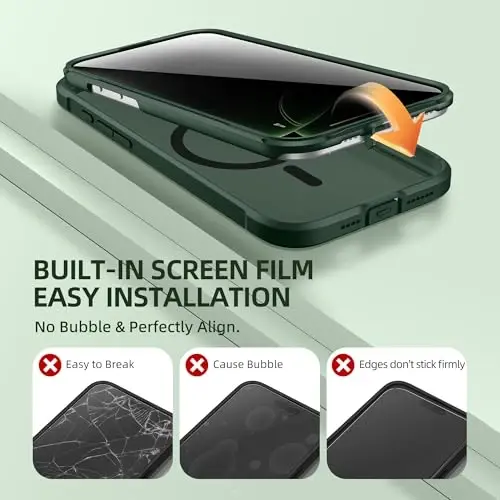 BERFY для чехла iPhone 16 Pro Max, совместимый со встроенным защитным экраном MagSafe, защитой камеры, противоударным чехлом для телефона во весь корпус 6,9 дюйма, полупрозрачным темно-зеленым цветом 