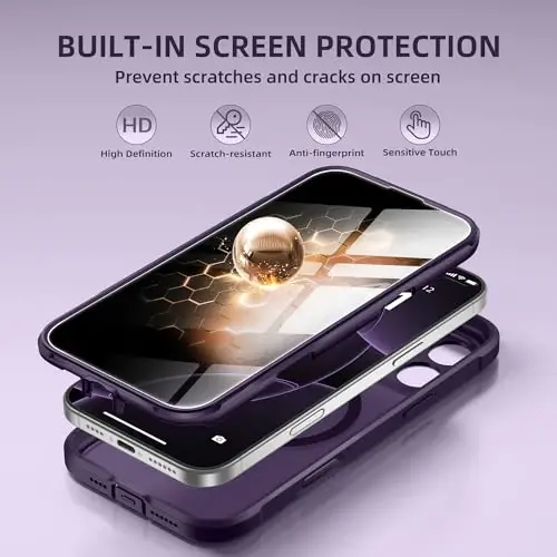 BERFY для чехла iPhone 16 Pro, совместимый со встроенным защитным экраном MagSafe, защитой камеры, противоударным чехлом для телефона во весь корпус 6,3 дюйма, полупрозрачный темно-фиолетовый - 4
