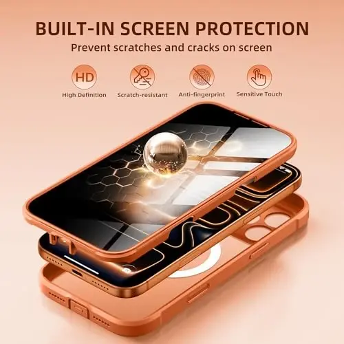 BERFY для чехла iPhone 17 Pro, совместим с MagSafe, со встроенным защитным экраном для конфиденциальности, защитой камеры, ударопрочный чехол для телефона 6,3 дюйма, полупрозрачный космический оранжевый - 4