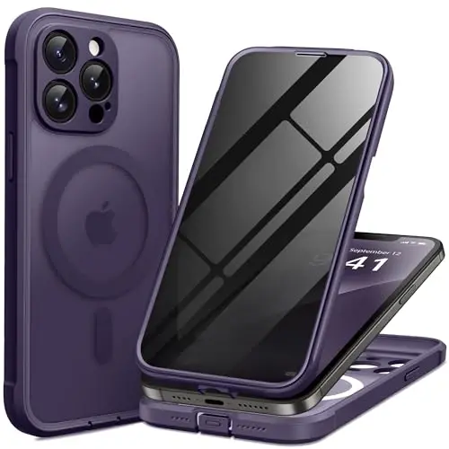 BERFY for iPhone 12 Pro Max Case, Compatible with Magsafe, Deep Purple | Built-in Privacy Screen Protector, Full Camera Protection, Shockproof Full Body Translucent Matte Magnetic Phone Case 6.7