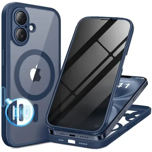 BERFY for iPhone 16 Case, Compatible with Magsafe, Blue | Built-in Privacy Screen Protector, Full Camera Protection, Shockproof Full Body Magnetic Clear Phone Case 6.1