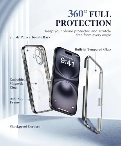 BERFY for iPhone 16 Case, Compatible with MagSafe, Built-in Glass Screen Protector, Camera Protection, Shockproof Full Body Phone Case 6.1
