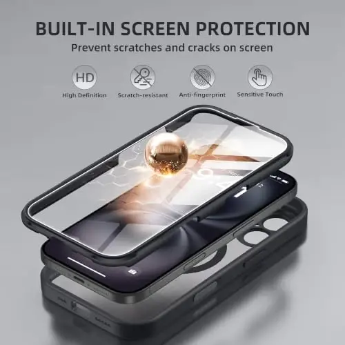 BERFY for iPhone 16 Case, Compatible with MagSafe, Ink | Built-in Screen Protector, Full Camera Protection, Shockproof Full Body Magnetic Clear Phone Case 6.1