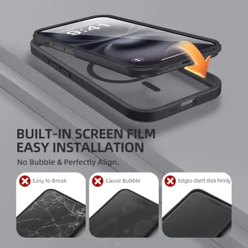 BERFY for iPhone 16 Case, Compatible with MagSafe, Ink | Built-in Screen Protector, Full Camera Protection, Shockproof Full Body Magnetic Clear Phone Case 6.1