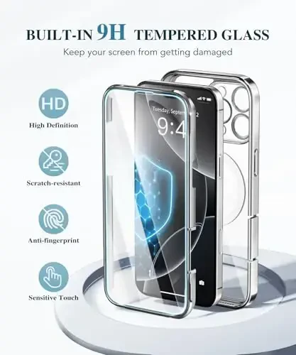 BERFY for iPhone 16 Pro Case, Compatible with MagSafe, Built-in 9H Tempered Screen Protector and Camera Protection, Full Body Shockproof Plating Phone Case for 16 Pro 6.3