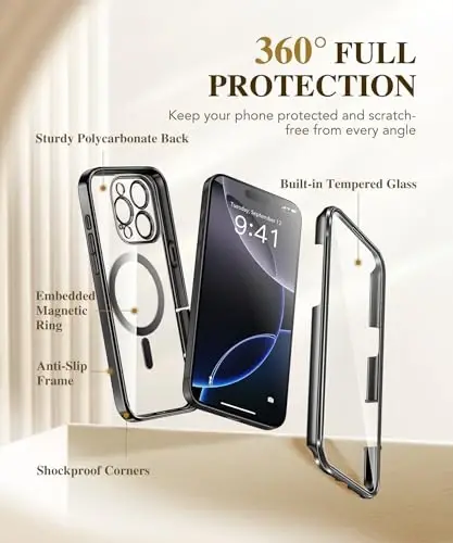 BERFY for iPhone 16 Pro Max Case, Compatible with MagSafe, Built-in Glass Screen Protector, Camera Protection, Shockproof Full Body Phone Case 6.9