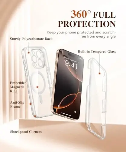 BERFY for iPhone 16 Pro Max Case, Compatible with MagSafe, Built-in Glass Screen Protector, Camera Protection, Shockproof Full Body Phone Case 6.9