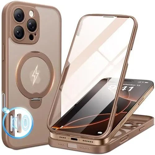 BERFY for iPhone 16 Pro Max Case, Compatible with MagSafe, Built-in Glass Screen Protector, Shockproof Full Body Phone Case for 16 Pro Max with Magnetic Stand, Translucent Desert 
