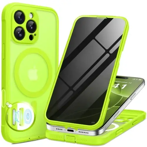 BERFY for iPhone 16 Pro Max Case, Compatible with Magsafe, Lime Green | Built-in Privacy Screen Protector, Full Camera Protection, Shockproof Full Body Translucent Matte Magnetic Phone Case 6.9