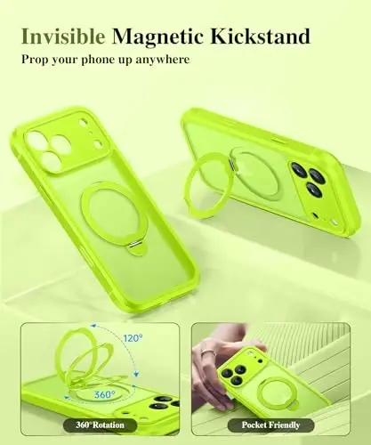 BERFY for iPhone 17 Pro Case, Compatible with MagSafe, Built in Privacy Screen Protector, Shockproof Full Body Phone Case for 17 Pro with Magnetic Stand, Translucent Bright Green - 2