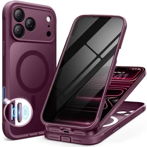 BERFY for iPhone 17 Pro Case, Compatible with Magsafe, Cherry Red | Built-in Privacy Screen Protector, Full Camera Protection, Shockproof Full Body Translucent Matte Magnetic Phone Case 6.3