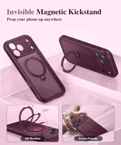 BERFY for iPhone 17 Pro Case, Compatible with MagSafe, Dark Cherry | Built in Privacy Screen Protector,Full Camera Protection,Shockproof Full Body Translucent Phone Case with Magnetic Stand 6.3
