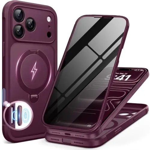 BERFY for iPhone 17 Pro Max Case, Compatible with Magsafe, Crimson Red | Built in Privacy Screen Protector,Full Camera Protection,Shockproof Full Body Translucent Phone Case with Magnetic Stand 6.9