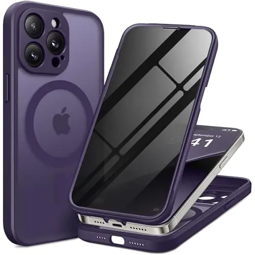 BERFY iPhone 14 Pro Max uchun g'ilof, MagSafe bilan mos, o'rnatilgan maxfiylik ekran himoyachisi va kamera himoyasi, Anti-Spy zarbga chidamli mat g'ilof 14 Pro Max 6.7