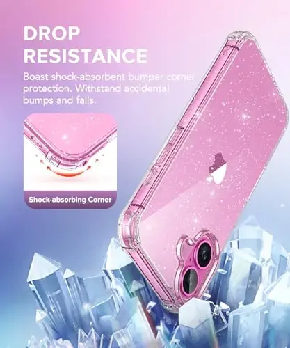 BERFY Magnetic for iPhone 16 Case, [Compatible with Magsafe], with Screen Protector + Camera Lens Protector, [Non-Yellowing] Clear Sparkly Shockproof Hard Phone Case for Women 6.1