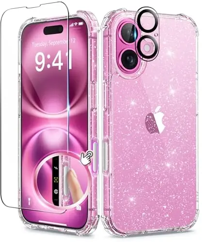 BERFY Compatible with iPhone 16 Case Glitter, [3 in 1] with Screen Protector + Camera Lens Protector, [Non-Yellowing] Clear Sparkle Slim Shockproof Hard Phone Cover for Women 6.1