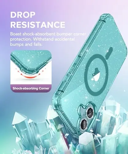 BERFY Magnetic for iPhone 16 Case, [Compatible with Magsafe], with Screen Protector + Camera Lens Protector, [Non-Yellowing] Clear Sparkly Shockproof Hard Phone Case for Women 6.1