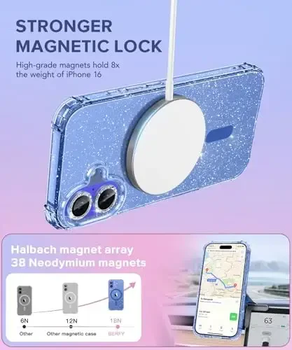 BERFY Magnetic for iPhone 16 Case, [Compatible with Magsafe], with Screen Protector + Camera Lens Protector, [Non-Yellowing] Clear Sparkly Shockproof Hard Phone Case for Women 6.1