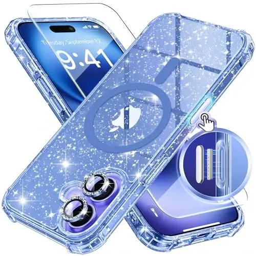 BERFY Magnetic for iPhone 16 Case, [Compatible with Magsafe], with Screen Protector + Camera Lens Protector, [Non-Yellowing] Clear Sparkly Shockproof Hard Phone Case for Women 6.1