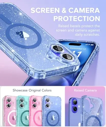 BERFY Magnetic for iPhone 16 Case, [Compatible with Magsafe], with Screen Protector + Camera Lens Protector, [Non-Yellowing] Clear Sparkly Shockproof Hard Phone Case for Women 6.1