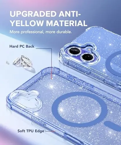 BERFY Magnetic for iPhone 16 Case, [Compatible with Magsafe], with Screen Protector + Camera Lens Protector, [Non-Yellowing] Clear Sparkly Shockproof Hard Phone Case for Women 6.1
