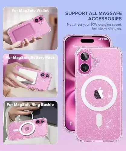 BERFY Magnetic for iPhone 16 Case, [Compatible with Magsafe], with Screen Protector + Camera Lens Protector, [Non-Yellowing] Clear Sparkly Shockproof Hard Phone Case for Women 6.1