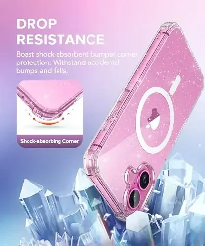 BERFY Magnetic for iPhone 16 Case, [Compatible with Magsafe], with Screen Protector + Camera Lens Protector, [Non-Yellowing] Clear Sparkly Shockproof Hard Phone Case for Women 6.1