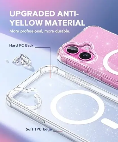 BERFY Magnetic for iPhone 16 Case, [Compatible with Magsafe], with Screen Protector + Camera Lens Protector, [Non-Yellowing] Clear Sparkly Shockproof Hard Phone Case for Women 6.1