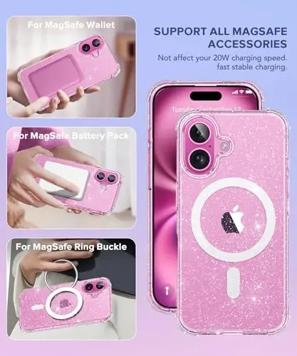 BERFY Magnetic for iPhone 16 Case, [Compatible with Magsafe], with Screen Protector + Camera Lens Protector, [Non-Yellowing] Clear Sparkly Shockproof Hard Phone Case for Women 6.1