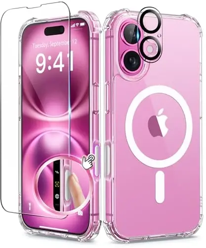 BERFY Compatible with iPhone 16 Case Glitter, [3 in 1] with Screen Protector + Camera Lens Protector, [Non-Yellowing] Clear Sparkle Slim Shockproof Hard Phone Cover for Women 6.1
