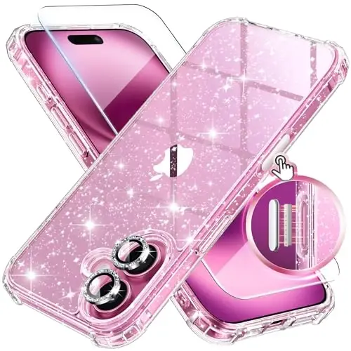 BERFY for iPhone 16 Plus Case Glitter, with 9H Tempered Screen Protector + 2X Diamond Camera Lens Protectors, [Non-Yellowing] Women Clear Sparkly Cute Bling Hard Shockproof Cover 6.7