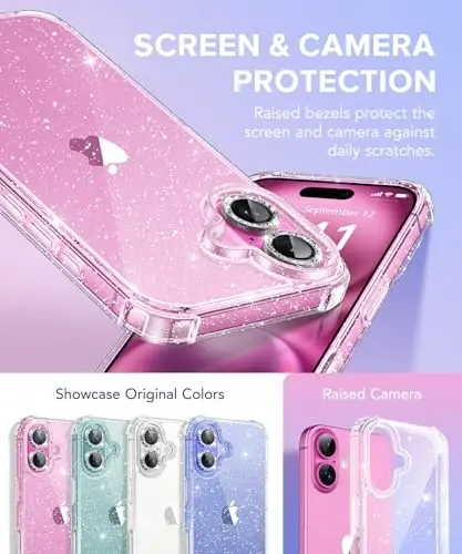 BERFY for iPhone 16 Plus Case Glitter, with 9H Tempered Screen Protector + 2X Diamond Camera Lens Protectors, [Non-Yellowing] Women Clear Sparkly Cute Bling Hard Shockproof Cover 6.7