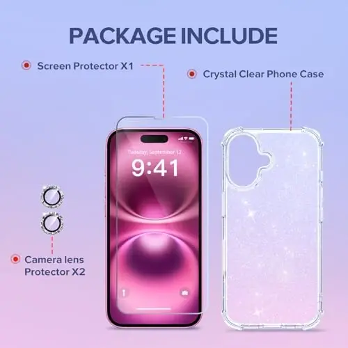 BERFY for iPhone 16 Plus Case Glitter, with 9H Tempered Screen Protector + 2X Diamond Camera Lens Protectors, [Non-Yellowing] Women Clear Sparkly Cute Bling Hard Shockproof Cover 6.7