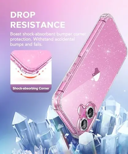 BERFY iPhone 16 Plus uchun g‘ilof, 9H temperli ekran himoyachisi + 2X olmos kamera linzalari himoyachilari bilan, [Sarg‘aymaydigan] Ayollar uchun tiniq yaltiroq chiroyli Bling qattiq zarbga chidamli qopqoq 6.7