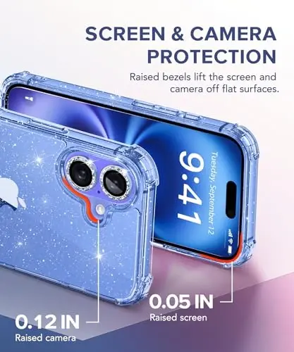 BERFY iPhone 16 Plus uchun g‘ilof, 9H temperli ekran himoyachisi + 2X olmosli kamera linzalari himoyachilari bilan, [Sarg‘aymaydigan] Ayollar uchun tiniq yaltiroq chiroyli Bling qattiq zarbga chidamli qopqoq 6.7