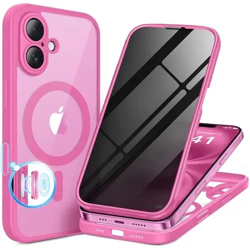 BERFY iPhone 16 Plus uchun g'ilof, MagSafe bilan mos, o'rnatilgan maxfiylik ekran himoyachisi va kamera himoyasi, Anti-Spy to'liq korpusli zarbga chidamli shaffof telefon g'ilofi 16 Plus 6.7