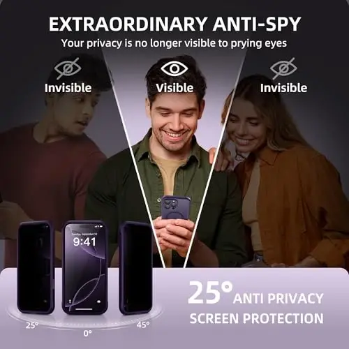 BERFY iPhone 16 Pro G'ilofgi, MagSafe bilan mos, o'rnatilgan maxfiylik ekran himoyachisi, kamera himoyasi, zarbaga chidamli to'liq tana telefon g'ilofgi 6.3