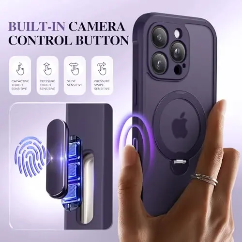BERFY iPhone 16 Pro g‘ilofi, MagSafe bilan mos keladi, o‘rnatilgan maxfiylik ekran himoyasi, 16 Pro uchun magnit stendli zarbaga chidamli to‘liq korpusli telefon g‘ilofi, yarim shaffof binafsha 