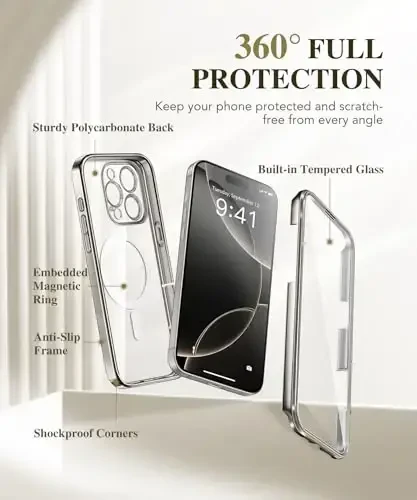 BERFY Magnetic for iPhone 16 Pro Case, Compatible with Magsafe, Built-in 9H Tempered Glass Screen Protector & Upgraded Camera Protection, Full-Body Plating Shockproof Phone Case for 16 Pro 6.3