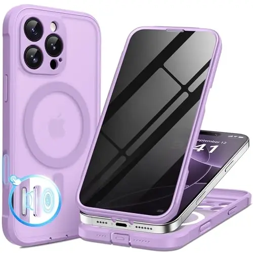 BERFY for iPhone 16 Pro Case, Compatible with Magsafe, Light Purple | Built-in Privacy Screen Protector, Full Camera Protection, Shockproof Full Body Translucent Matte Magnetic Phone Case 6.3